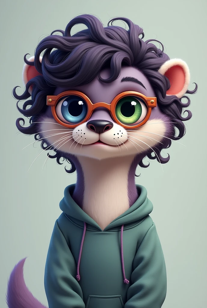 otter , curly black and purple hair, wearing glasses and a sweatshirt, heterochromia one eye green and the other black