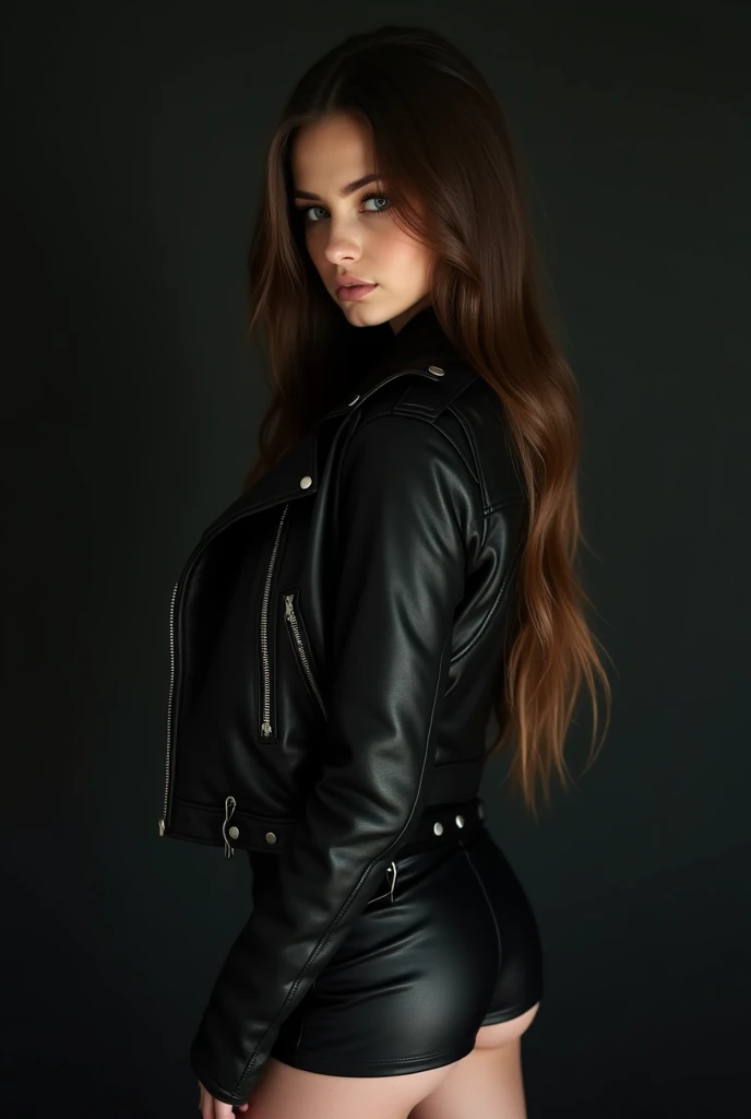 cute white skinned girl. beautiful grunge queen with long straight brown hair on sensual or sugestive pose on black plastic jacket on sexy pose with black leather jacket and mini skirt posing for a picture with her hands on her hips and her back turned, Eve Ryder, american barbizon school, black, a digital rendering
