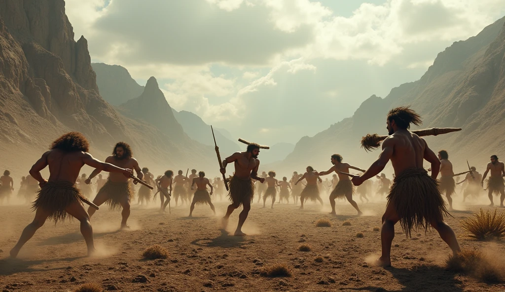 wide view of a war field; prehistoric mans fighting
