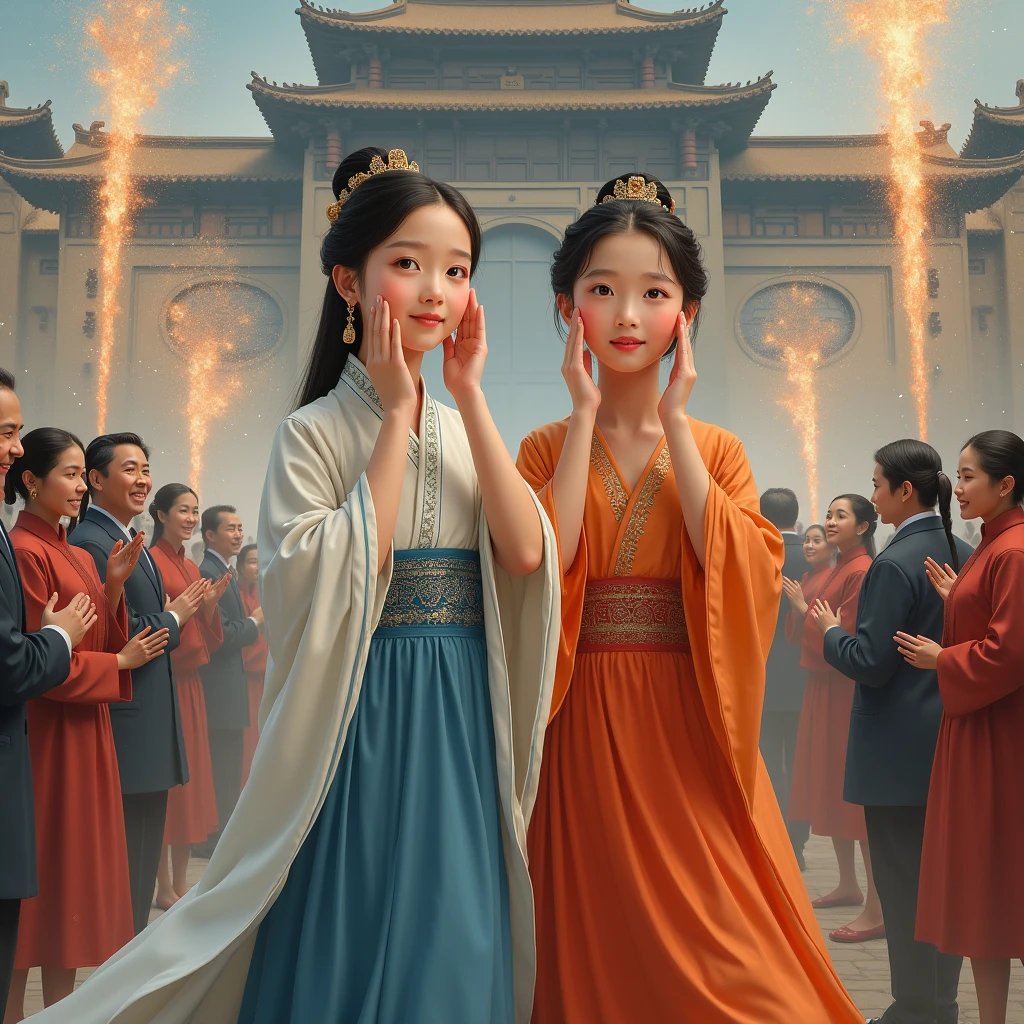 Character details, realistic portraits, real people, ancient Chinese era, Tang Dynasty, Han Fu era, a young woman in a white and blue dress and her younger sister in an orange and red dress are covering their ears from the sound of firecrackers at the opening of a large hospital in front of the large hospital. The atmosphere is lively in front of the wide shop, people can be seen standing and applauding.