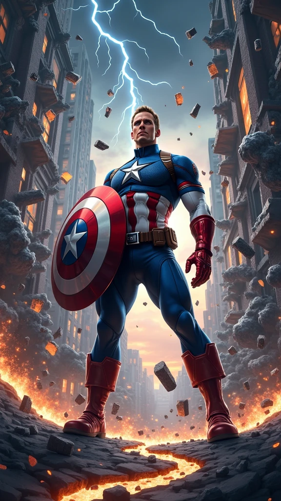 Clareza e Especificidade no Prompt: Captain America stands at the center of the image, with his shield raised defensively as the world around him begins to distort and fracture. The scene focuses on the chaos of time collapsing in on itself, with multiple versions of events and characters from different timelines converging.
Detalhes Visuais: Captain America is depicted in his full suit, standing firm with his shield glowing faintly from the energy of the Reality Stone embedded within it. His expression is one of shock and determination as he watches time begin to unravel. Around him, the environment should show fractured pieces of reality—shards of glass-like time fragments that reflect different moments of his life. These fragments should include distorted images of his battles, allies, and key moments, all blending and overlapping in a chaotic yet controlled manner.
Contexto e Composição: The composition centers on Captain America, but the background is filled with swirling, fragmented images and temporal distortions. The perspective should be slightly above, looking down at Captain America, emphasizing the disorienting effect of the paradox forming around him. Various temporal versions of himself might appear, each slightly out of sync, adding to the visual complexity.
Atenção ao Ambiente: The environment around Captain America should be a chaotic mix of timelines colliding. The ground beneath him cracks and splinters, with fragments of past and future scenes merging together. The sky is split into different colors and times of day—daylight on one side, night on the other, with a twilight zone in between where stars and the sun coexist. Lightning and temporal energy arcs through the sky, connecting the fragments of time like electrical currents.
Referências Emocionais: The atmosphere is tense and chaotic, filled with a sense of impending disaster. Captain America's posture is defensive, as if he’s bracing against a force beyond his control. His eyes reflect