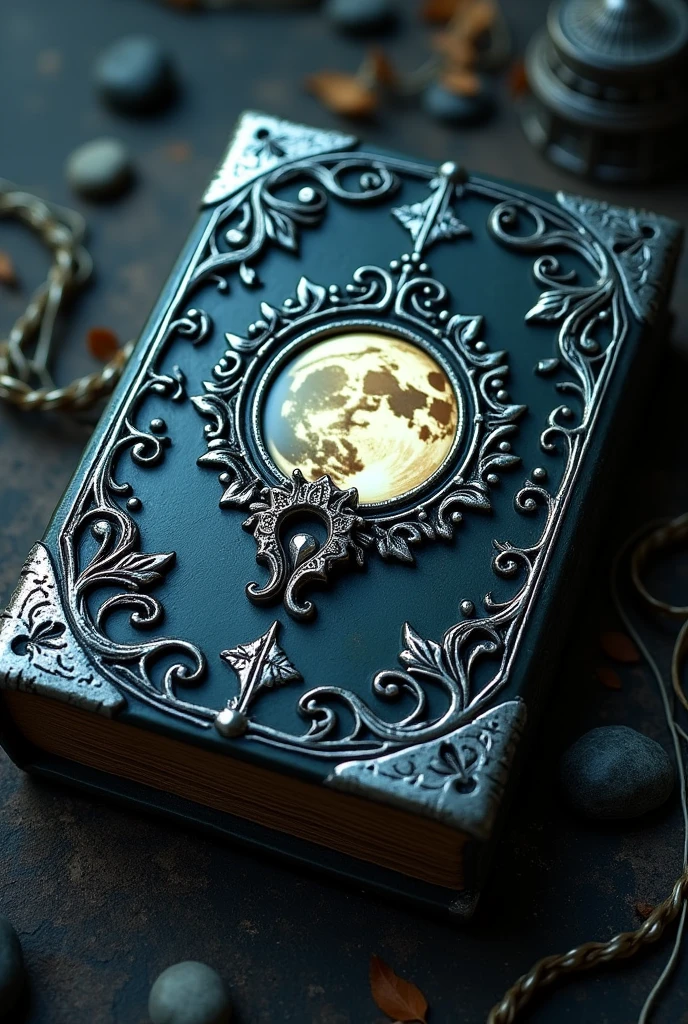 a black grimoire with silver carvings with small vine leaves on the four corners of the cover and in its center a full moon with cufflink