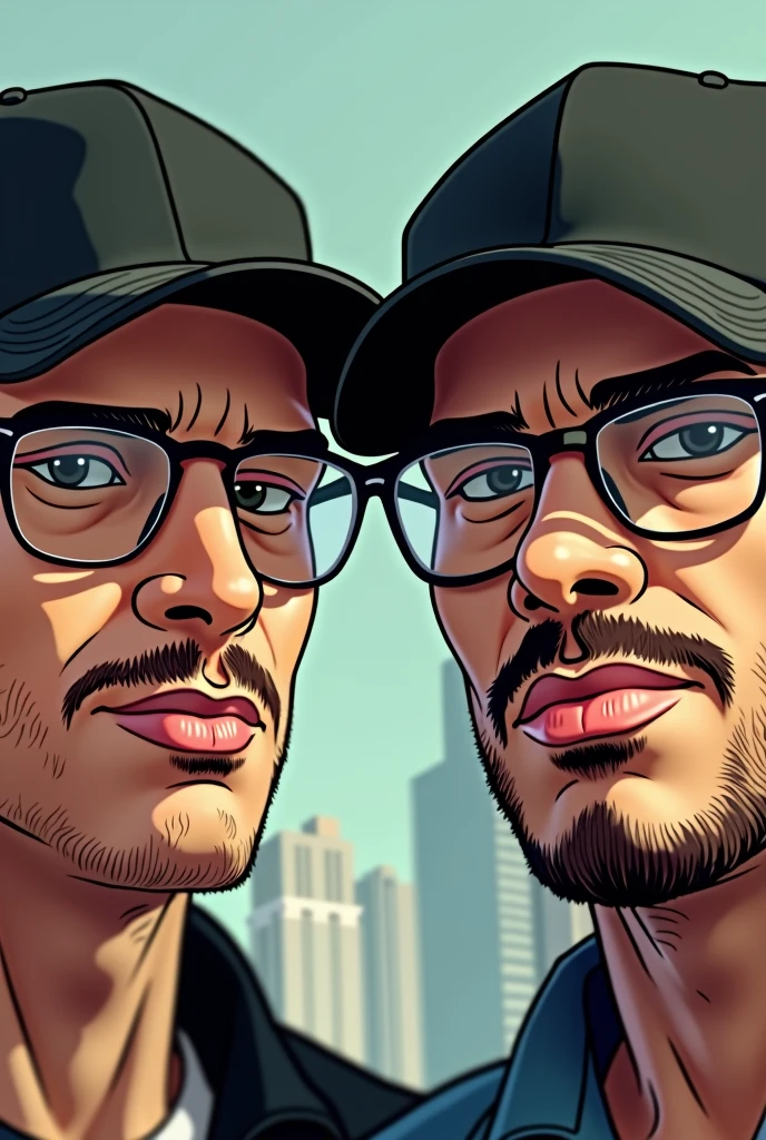 I would like you to create a close-up illustration of a 2 Colombian Caucasian man wearing clear aviator glasses with a mustache, Black cap in GTA San Andreas style