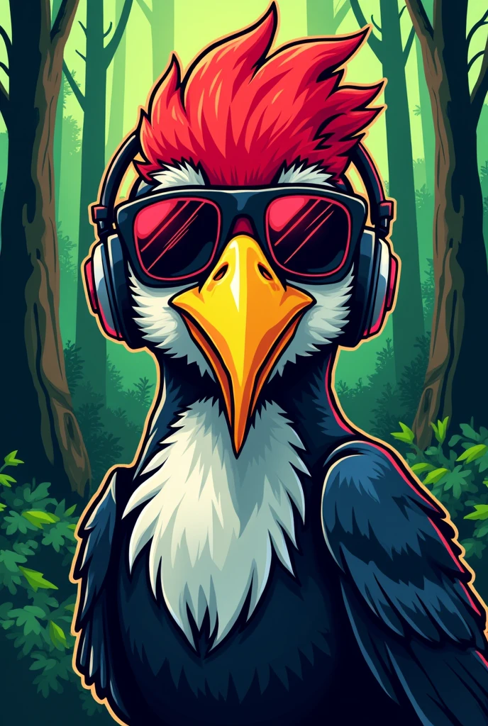 A cartoon illustration of a woodpecker's face, with a party atmosphere look, wearing aviator sunglasses, e headphones, to be used as a vest patch for a forestry engineering athletic team. The feathers on the woodpecker's head should be red and black., and the long yellow beak. Place trees in the background and create an illustration with a neon balance of green and red colors.
