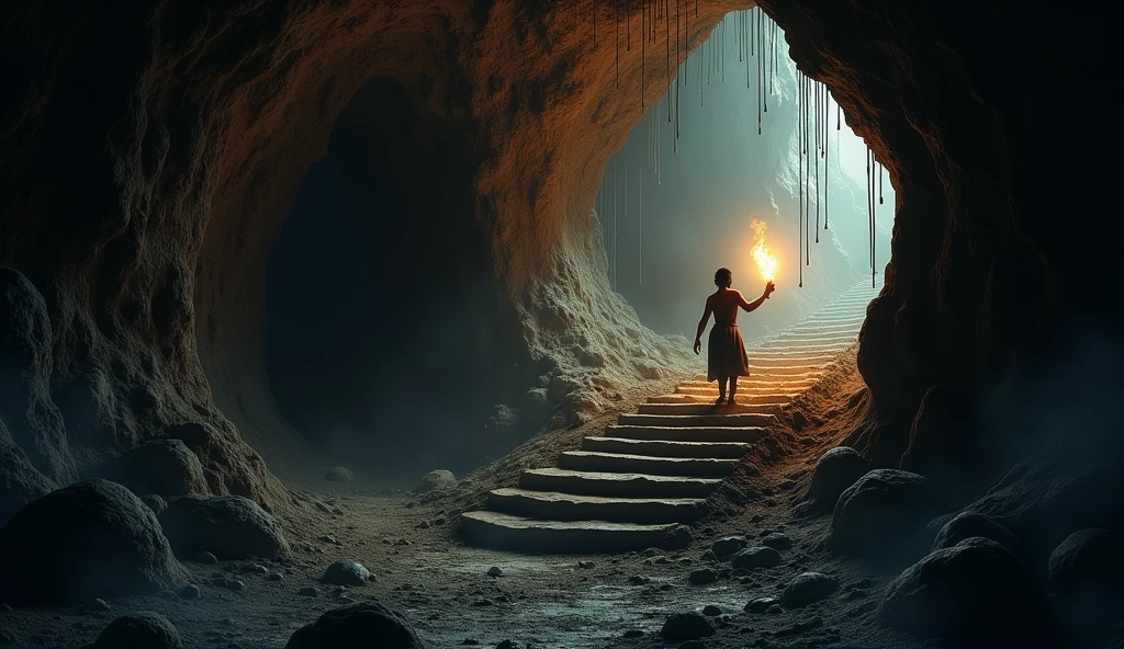 Image Prompt: A dark and dusty cave with jagged walls and cobwebs hanging from the ceiling. Aladdin, holding a flickering torch, cautiously descends a rickety staircase.