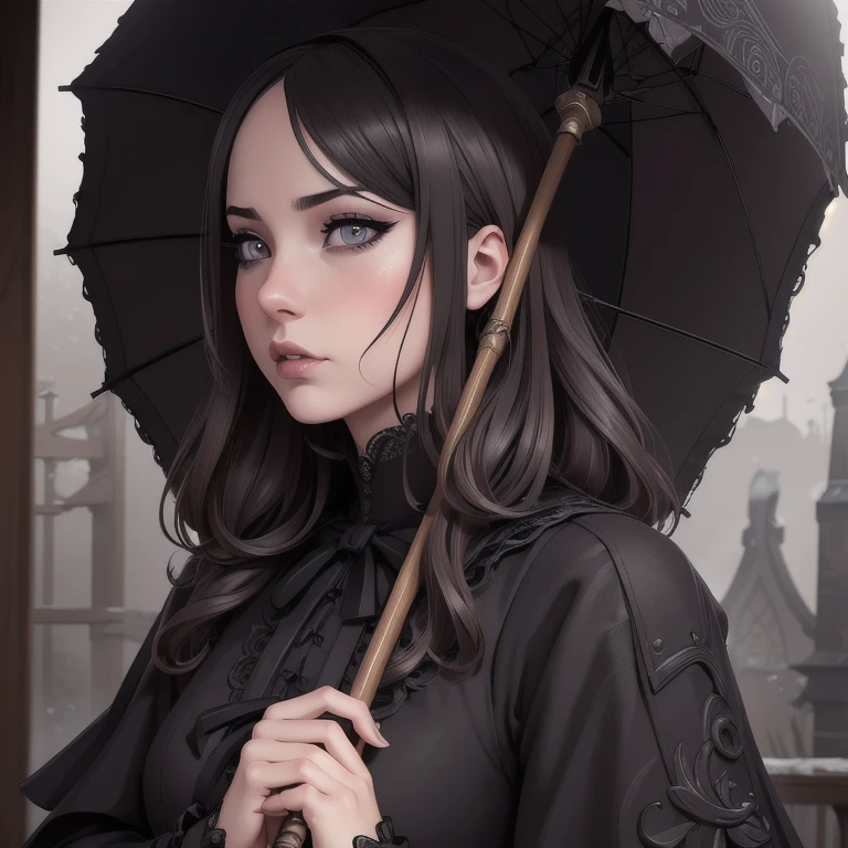 intricate gothic lolita,sensual gothic lolita holding blade umbrella,japanese lolita assassin,seductive lolita,evil lolita,detailed portrait,beautiful detailed eyes,beautiful detailed lips,extremely detailed eyes and face,long eyelashes,detailed clothing,moody lighting,dramatic shadows,dark and mysterious atmosphere,dark fantasy,cinematic composition,muted color palette,chiaroscuro lighting,dramatic pose,professional photography,high quality,8k,photorealistic