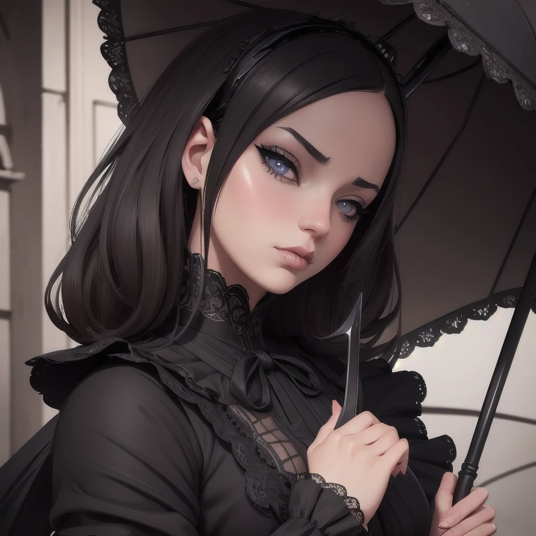 intricate gothic lolita,sensual gothic lolita holding blade umbrella,japanese lolita assassin,seductive lolita,evil lolita,detailed portrait,beautiful detailed eyes,beautiful detailed lips,extremely detailed eyes and face,long eyelashes,detailed clothing,moody lighting,dramatic shadows,dark and mysterious atmosphere,dark fantasy,cinematic composition,muted color palette,chiaroscuro lighting,dramatic pose,professional photography,high quality,8k,photorealistic