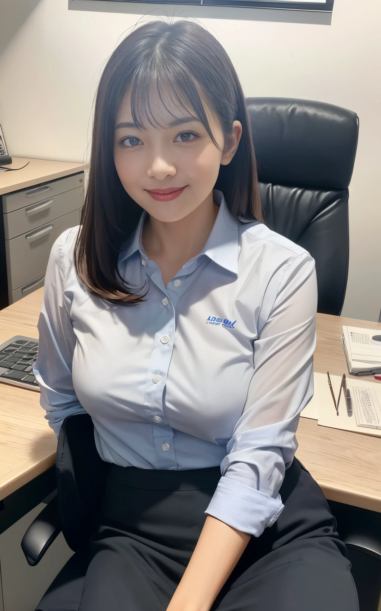 ((Best Quality, 8k, Masterpiecedetails, ultra-high resolution)), (looking at the viewer), (full shot:), attractive business 1 milf stting down on office, desk, a bit chubby:0.25, white collared shirt, grey skirt, (laying down on office desks)), smile, office of CEO,