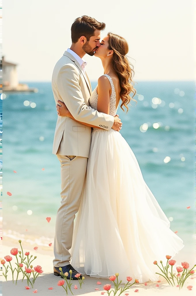 Wedding kiss water color picture. Bride with white dress and boyfriend with ivory suit