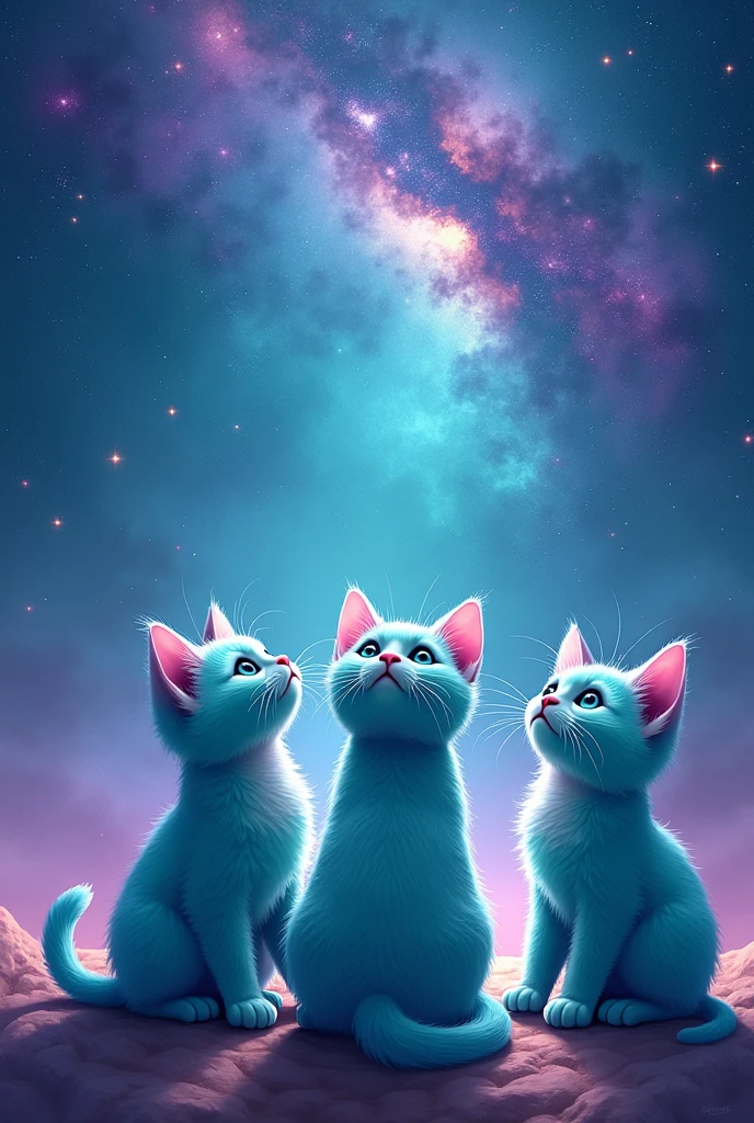 create multiple realistic kittens, super cute, Looking at the sky, they are turquoise with purple, the background is a turquoise galaxy with purple,