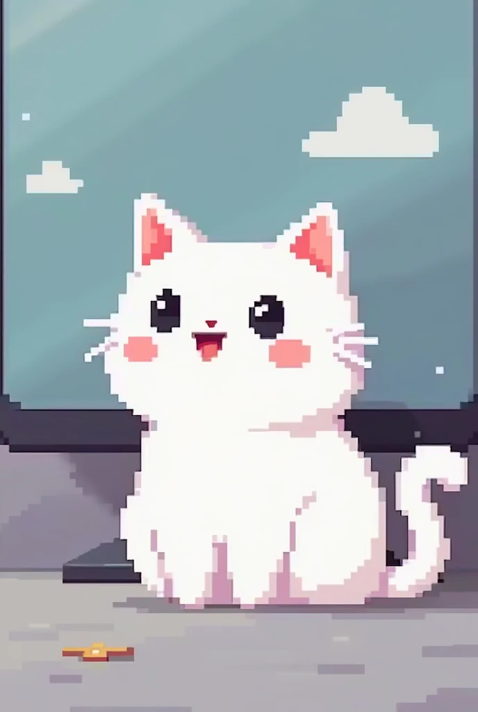 Simple cute white pixelated cat with open mouth near front screen