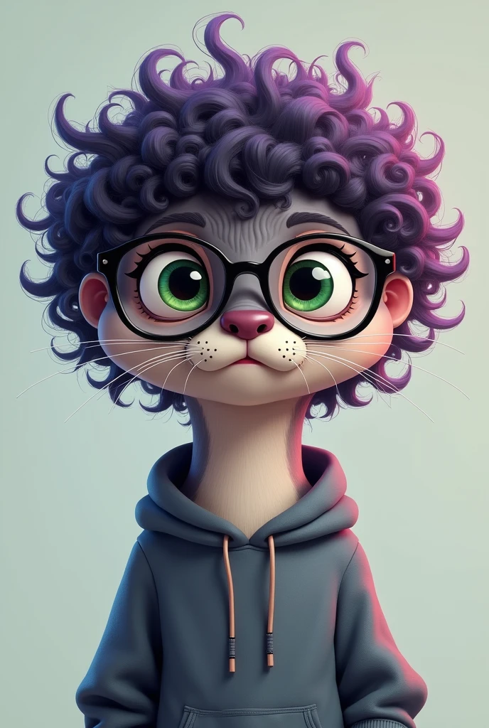 otter , curly black and purple hair, wearing glasses and a sweatshirt, heterochromia one eye green and the other black