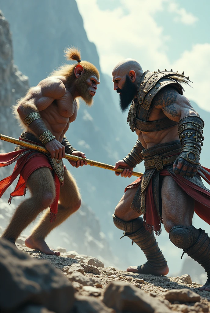 Monkey King in Chinese wrestler garb and a golden staff fighting Kratos in a head-to-head showdown on shattered mountains
