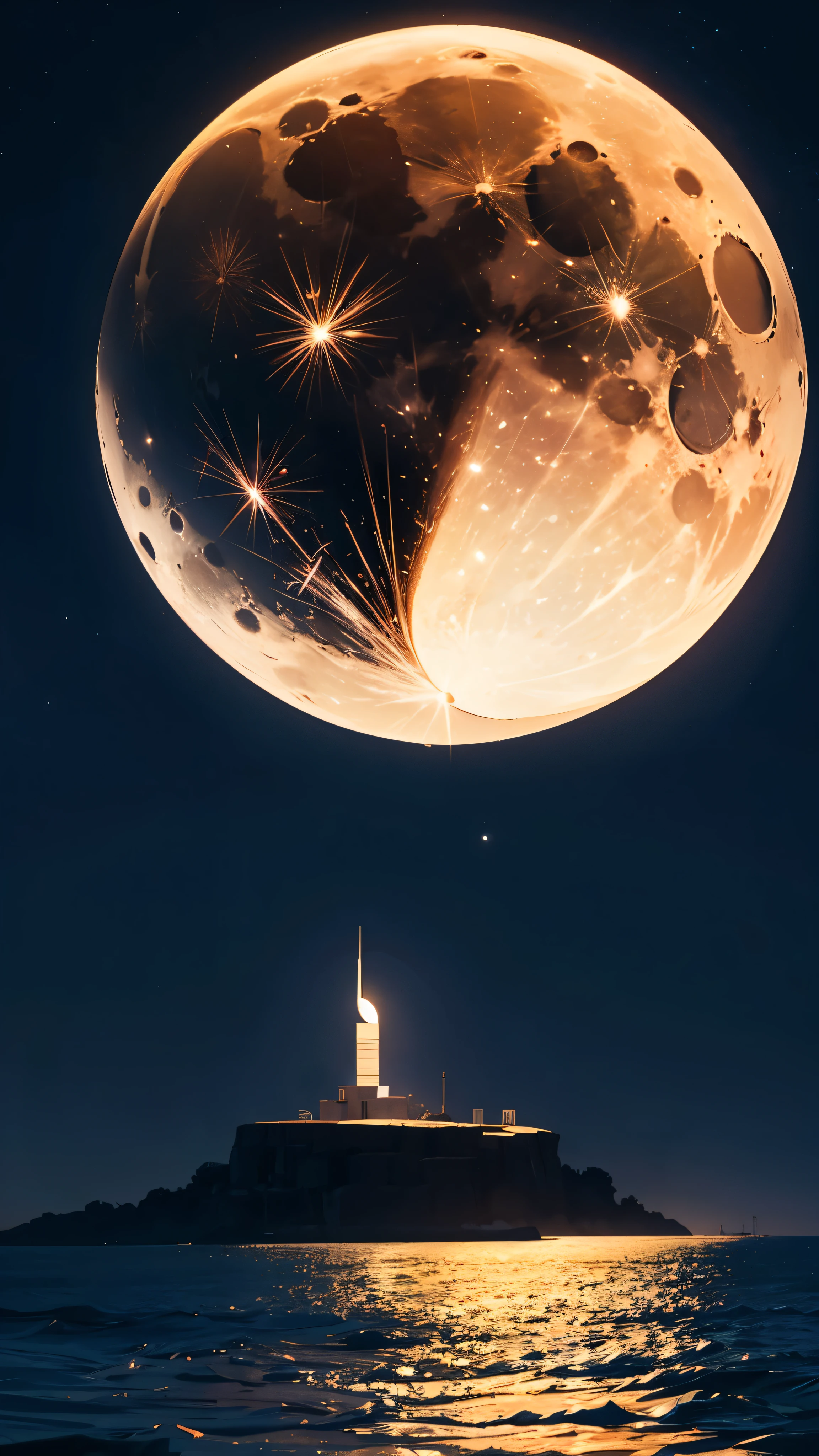 RAW, professional photograph, medium shot, photorealistic, hyper-realistic, ray tracing, super detail, UHD, 8k,  blue background, first quarter moon
