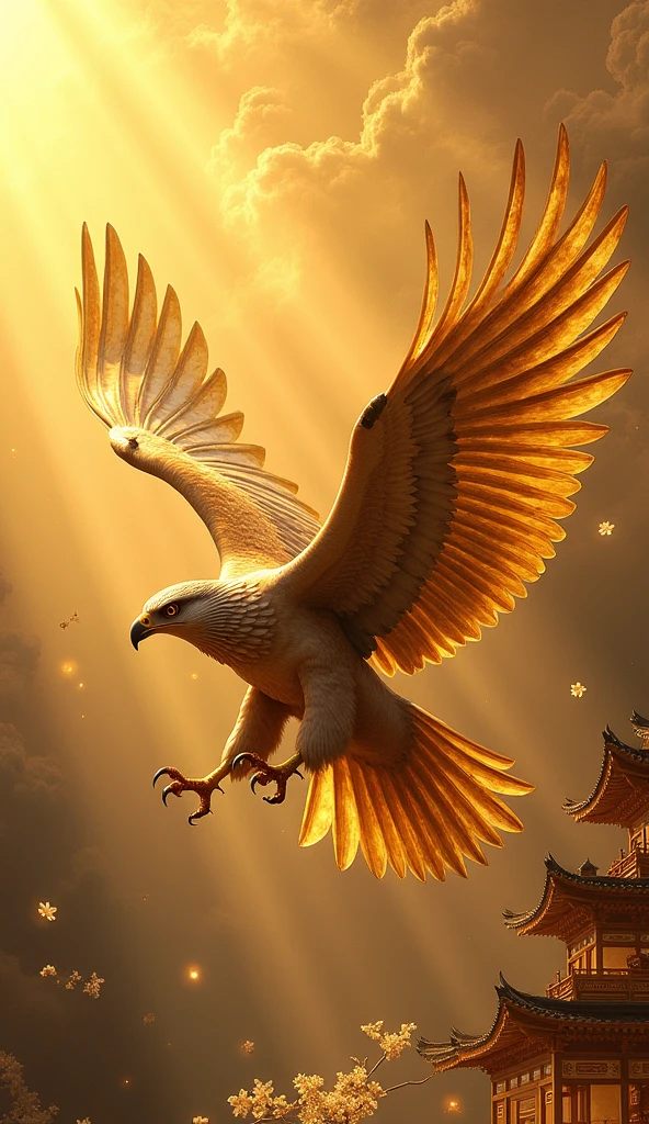 4K Ultra HD、Golden-winged hawk、The Golden Temple、Japanese style、Gold background、Increase your luck with money、Flapping wings