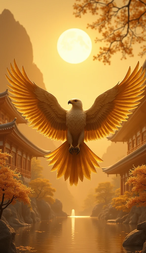 4K Ultra HD、Golden-winged hawk、The Golden Temple、Japanese style、Gold background、Increase your luck with money、Flapping wings
