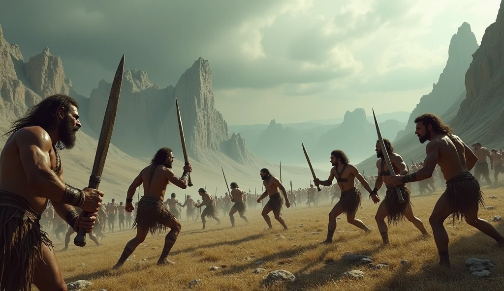 wide view of a war field; prehistoric man fighting