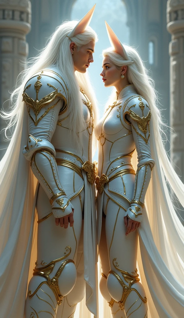 A young white haired man ,very long neon white shiny hair, and woman with White and gold armor and a cape related to the Knights of the Zodiac, His armor will have the combination of a lion spirit and a puma and his human companion with a neon white armor with the spirit of a white dog