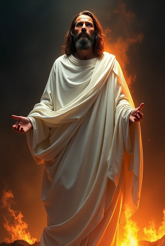 Holy Week Nazarene in white with a black background burning with fire