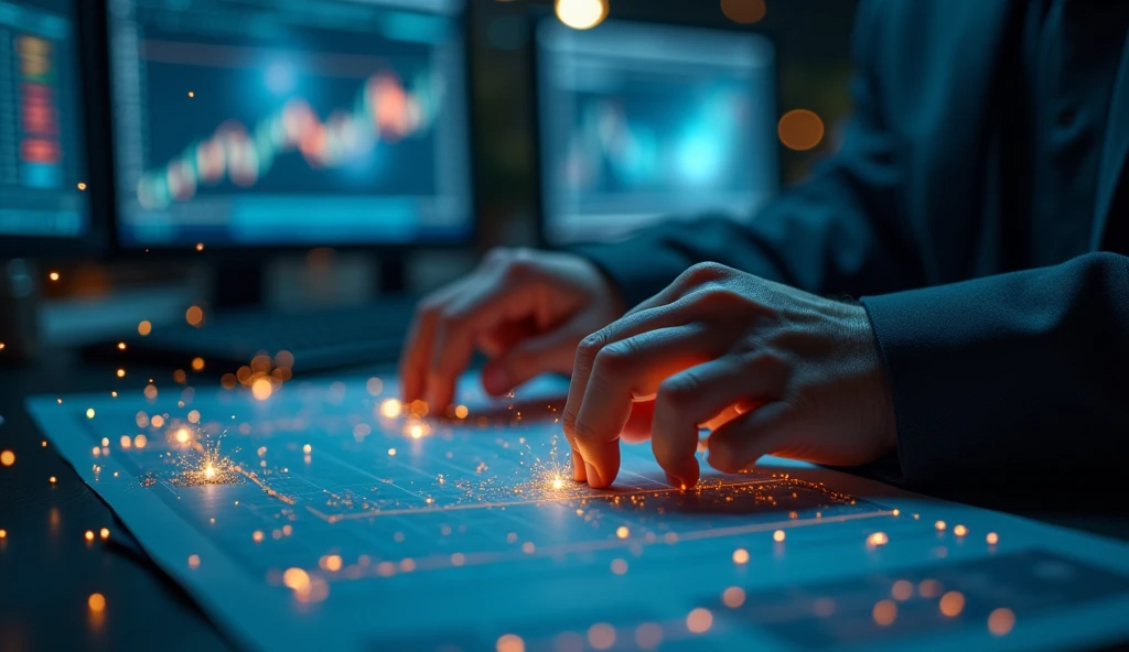 "A dramatic close-up of a trader’s hands manipulating charts with astrological symbols appearing as overlays. The scene should feel intense and focused, capturing the blend of technical and astrological analysis. --ar 16:9"