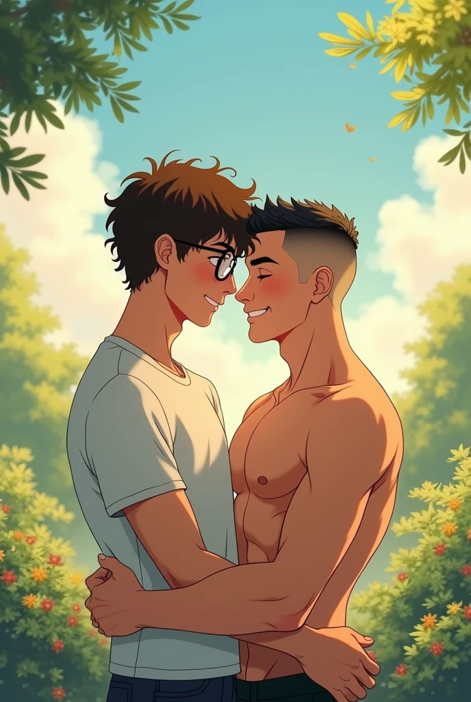 can you create an image anime of a gay couple. the one boy is taller one by couple inch and is a curly brown hair, he have a glasses and he is  the other boy is a short one has a black buzz cut, he  have a great body and muscular. Make sure the muscle are visible, he looks hot and he looks like a Korean and Filipino mix, he is shorter and smaller than the curly one. . make them sweet to each other. in they style of studio ghibli