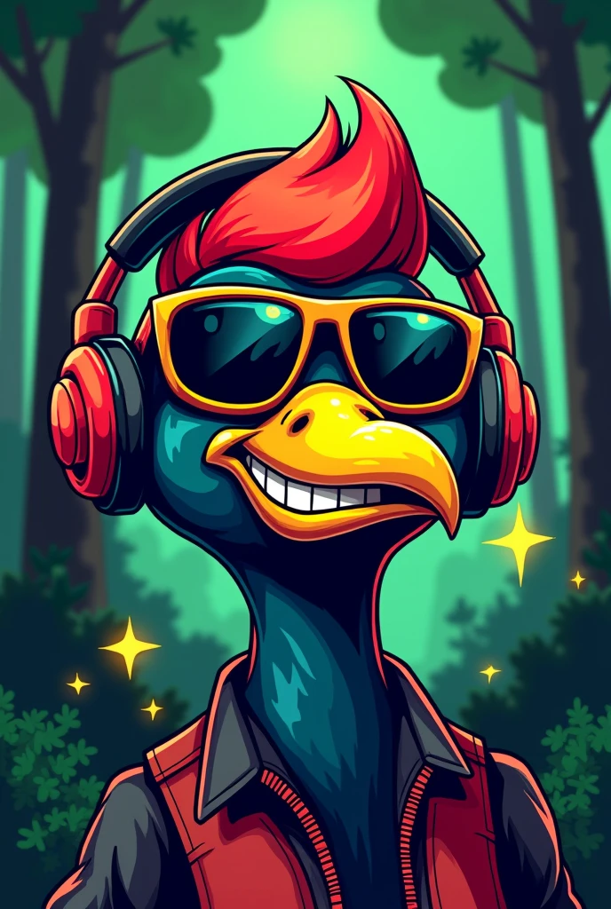 A cartoon illustration of a woodpecker's face, with a party atmosphere look, Grinning, wearing aviator sunglasses, e headphones, to be used as a vest patch for a forestry engineering athletic team. The feathers on the woodpecker's head should be red and black., and the long yellow beak. Place trees in the background and create an illustration with a neon balance of green and red colors.