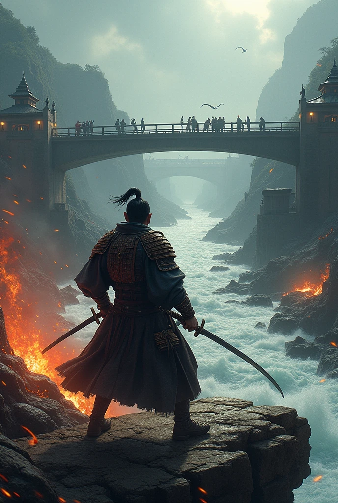 *combat*
Sorry to heat; with a katana ;attacks the demons with his katana;in a big bridge over a river,with the demons who cut him with katana