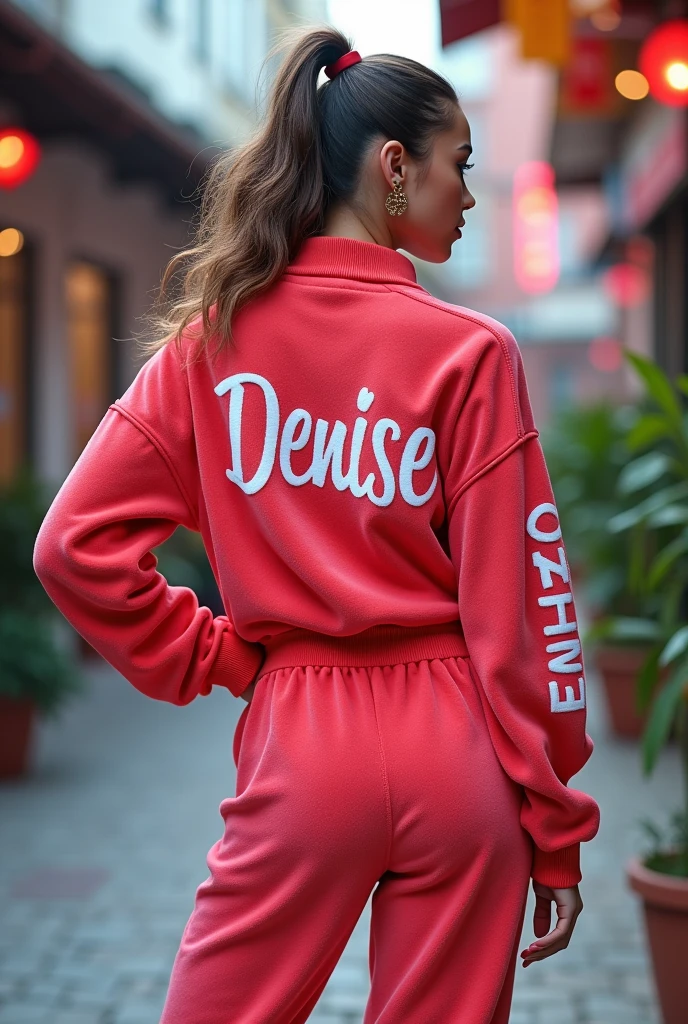 Clothing very similar to the Juicy Cuture brand, 2000s style, with a similar design that says DENISE on the back and the pants are low-rise.