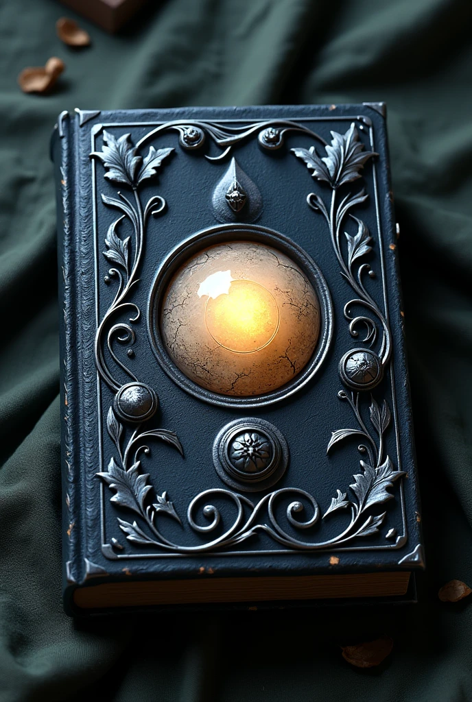a black grimoire with silver carvings with small vine leaves on the four corners of the cover and in its center a full moon with cufflink