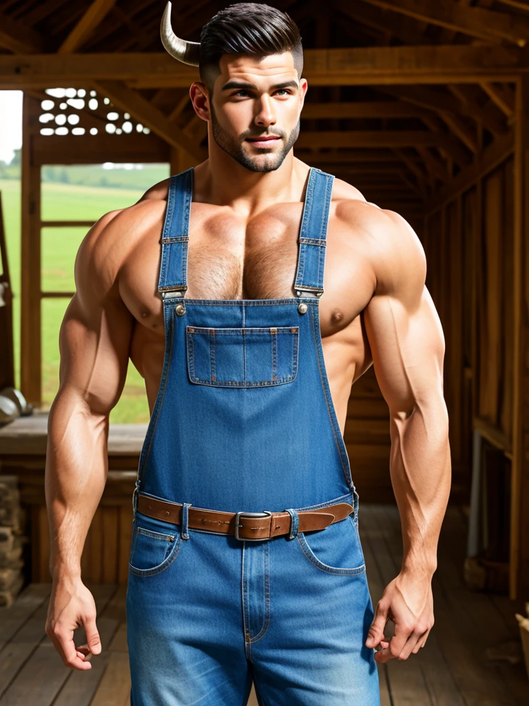 A hyper-realistic digital painting of a muscular young man with a strong build, standing in a rustic barn. (He has bull-like features, including horns and animal ears, blending human and animal characteristics in a stylized, fantasy art style, extra large chest, largest breasts, extremely large pectorals, extremely big nipples,). He is wearing denim overalls that are partially undone, revealing his well-defined abs and chest. His expression is a mix of surprise and curiosity. The scene has a hand reaching out to touch his chest, adding a sense of interaction. The background is a barn setting with hay bales and wooden structures, giving a rural, farm-like atmosphere. The lighting is natural, with sunlight filtering through the barn slats, highlighting the subject's muscular definition,