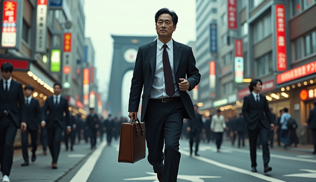 A Japanese salaryman running towards the station. The scene is realistic, capturing the morning commute. The salaryman is dressed in a suit, carrying a bag while hurrying along. The surroundings show Japanese city streets and the entrance to the station, reflecting a sense of urgency and busyness
