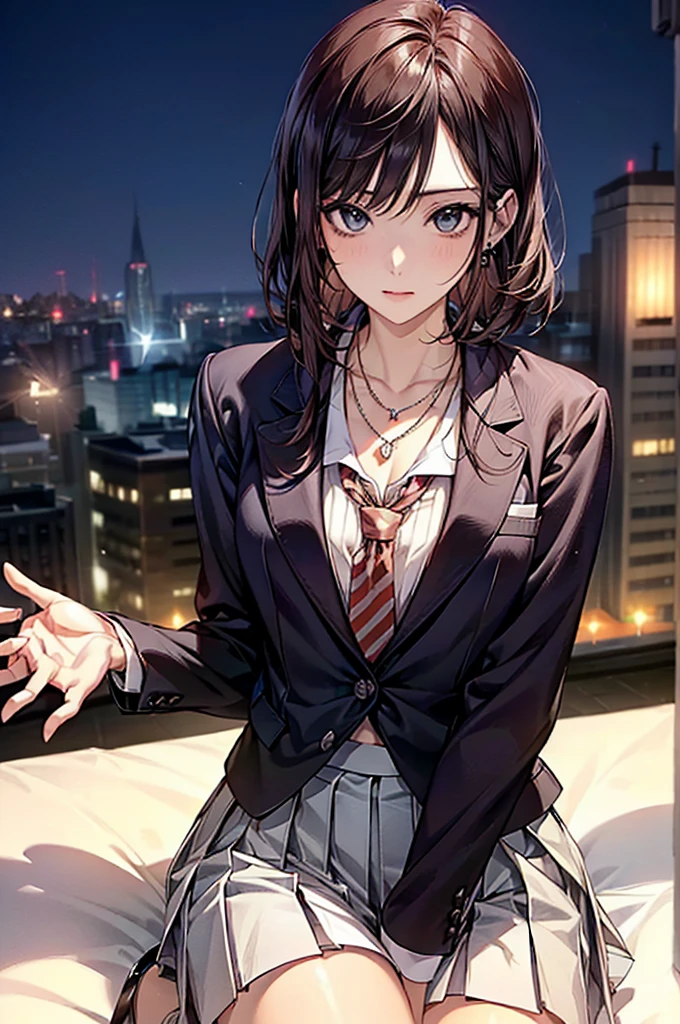 ((Biologically correct limb count))、(( Full-body photo including face))、4K、((Standing position))、masterpiece、((Focus on the face))、((Symmetrical facial features))、Eye for detailed depiction、Beautiful woman、Excellent style、Beautiful clavicle、Beautiful feet、Beautiful Hands、Slender body、(Small Ass、Thin thighs)、(Striped stockings、High heels)、Detailed depiction of the face、Small earrings、necklace、(upper body blazer、shirt、(Block pleated skirt))、Look at me sideways、tie、Night cityscape、Great background、Low Angle