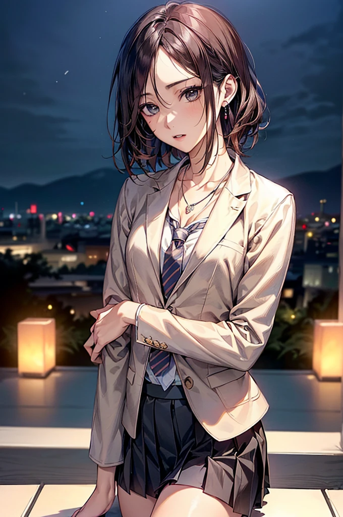 ((Biologically correct limb count))、(( Full-body photo including face))、4K、((Standing position))、masterpiece、((Focus on the face))、((Symmetrical facial features))、Eye for detailed depiction、Beautiful woman、Excellent style、Beautiful clavicle、Beautiful feet、Beautiful Hands、Slender body、(Small Ass、Thin thighs)、(Striped stockings、High heels)、Detailed depiction of the face、Small earrings、necklace、(upper body blazer、shirt、(Block pleated skirt))、Look at me sideways、tie、Night cityscape、Great background、Low Angle