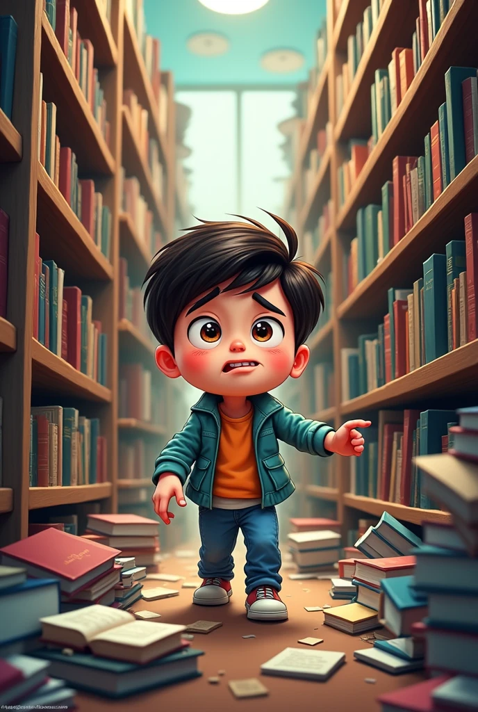 Please can you make me a cartoon in a closed library where a boy is walking and is surrounded by messy books on the shelves with a frustrated and confused expression on his face* It is a bit realistic but it should not go beyond the animation. This image has to be horizontal.