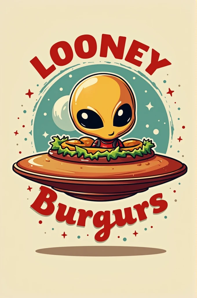A logo for a hamburgers business called "Looney Burguers". The main element is friendly extraterrestrial being. The being is inside an UFO-shaped spaceship that is a hamburger. The text "Looney Burguers" is written on the spaceship. There is not background