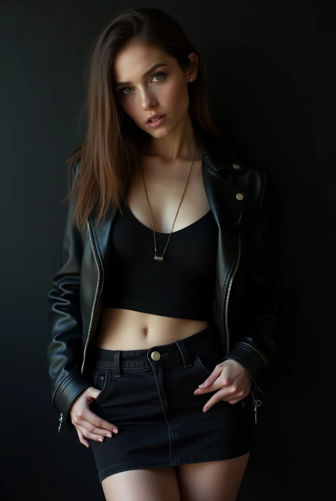 cute white skinned girl. beautiful grunge queen with long straight brown hair on sensual or sugestive pose on black plastic jacket on sexy pose with black leather jacket and mini skirt posing for a picture with her hands on her hips and her back turned, Eve Ryder, american barbizon school, black, a digital rendering