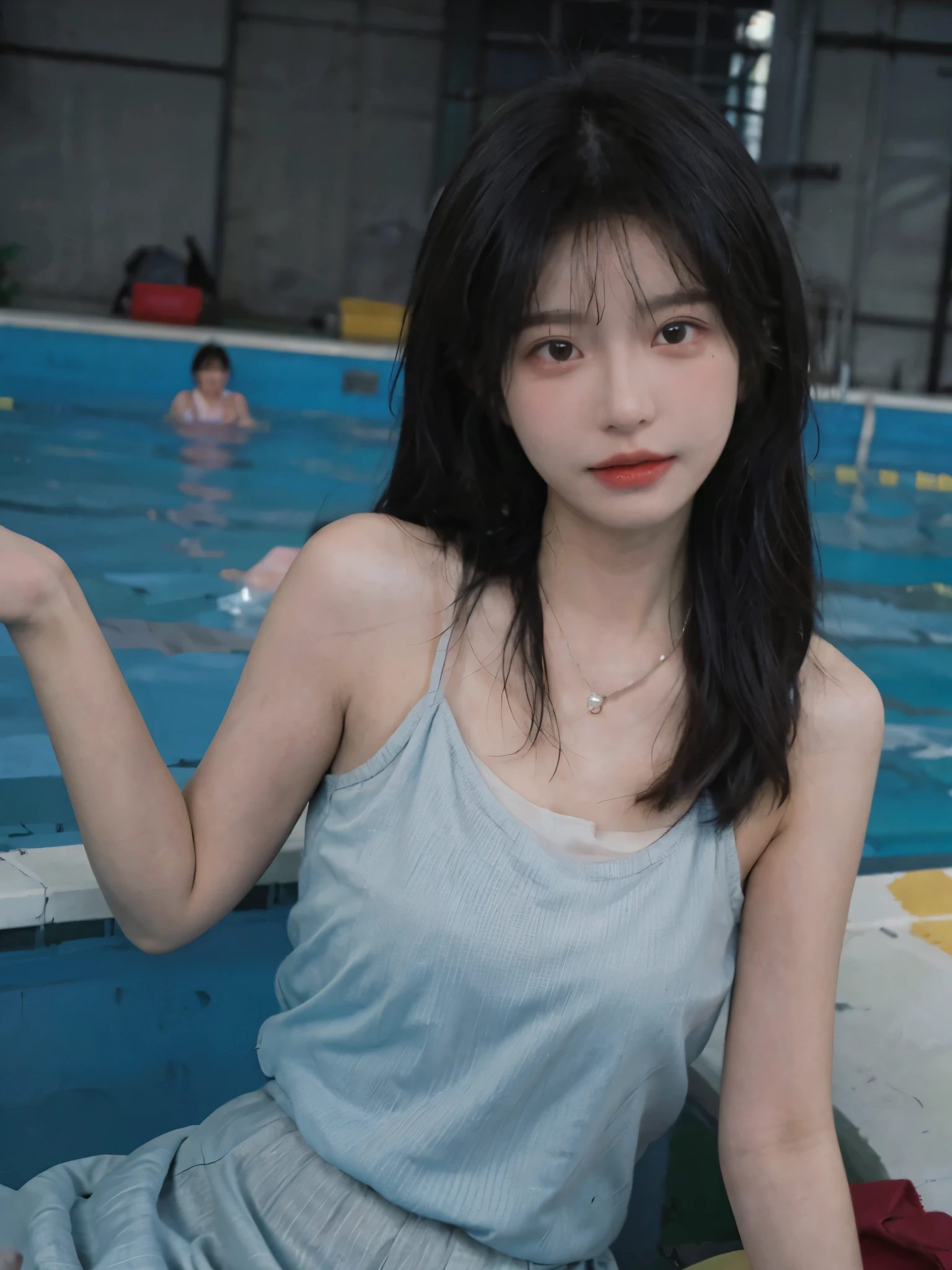 Best quality，Ultra-high resolution,(Realism:1.4)，cute，cute发夹，girll,dress，Hip skirt，Look directly at the audience，Full of atmosphere，Beautiful woman with a slim figure:1.4，swimming pool，whole body，Super delicate face，Exquisite eyes，Double eyelids，necklace