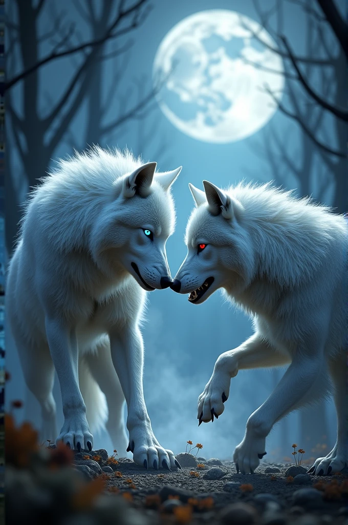 Two white werewolves, one with blue eyes and the other with red eyes