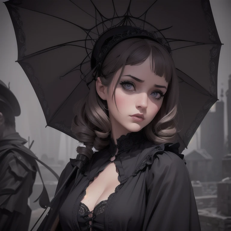 1girl, detailed gothic ta dress, holding a gothic lolityle umbrella with a hidden blade, beautiful detailed eyes, beautiful detailed lips, extremely detailed eyes and face, long eyelashes, detailed gothic lolita cing, moody lighting, dramatic shadows, dark and mysterious atmosphere, dark fantasy, cinematic composition, muted color palette, chiaroscuro lighting, dramatic pose, professional photography, (best quality,4k,8k,highres,masterpiece:1.2),ultra-detailed,(realistic,photorealistic,photo-realistic:1.37)