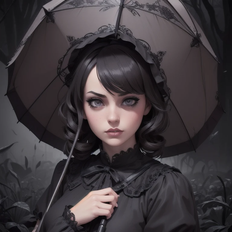 1girl, detailed gothic ta dress, holding a gothic lolityle umbrella with a hidden blade, beautiful detailed eyes, beautiful detailed lips, extremely detailed eyes and face, long eyelashes, detailed gothic lolita cing, moody lighting, dramatic shadows, dark and mysterious atmosphere, dark fantasy, cinematic composition, muted color palette, chiaroscuro lighting, dramatic pose, professional photography, (best quality,4k,8k,highres,masterpiece:1.2),ultra-detailed,(realistic,photorealistic,photo-realistic:1.37)