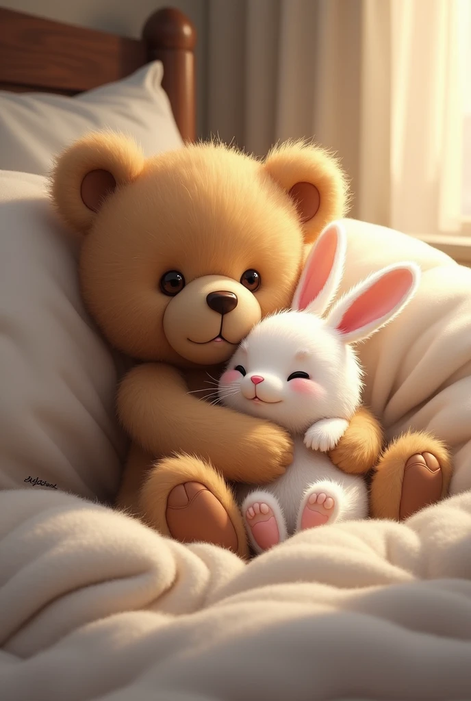 A teddy bear hugging a bunny in bed