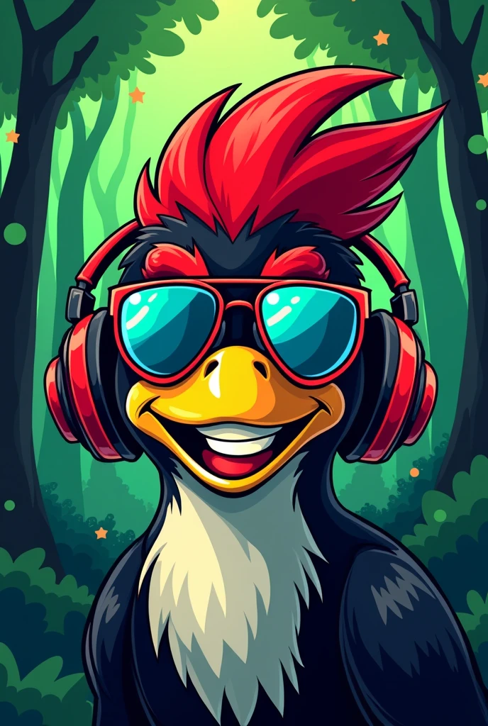 A cartoon illustration of a woodpecker's face, with a party atmosphere look, Grinning, wearing aviator sunglasses, e headphones, to be used as a vest patch for a forestry engineering athletic team. The feathers on the woodpecker&#39;s head should be red and black., and the long yellow beak. Place trees in the background and create an illustration with a neon balance of green and red colors. 