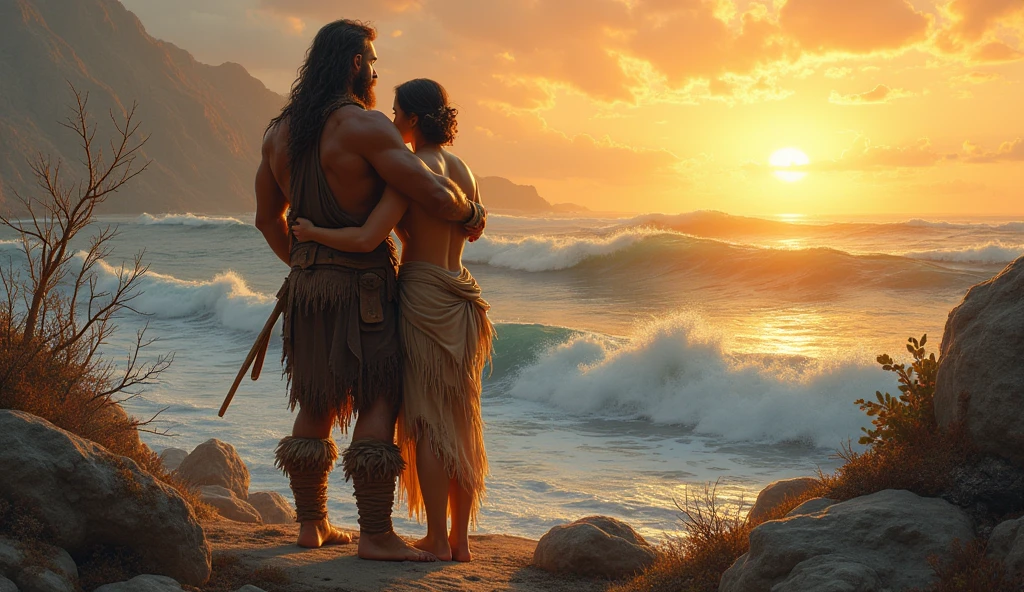 prehistoric man looking at the sea; sunset, hugging your partner