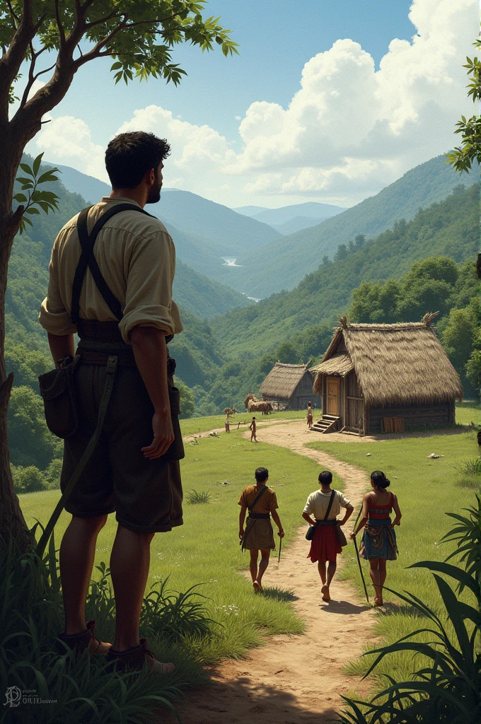 A European observes the indigenous village in the distance, with a look of ambition. Ao fundo, other Europeans begin to explore the area with maps and tools