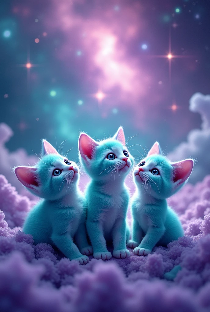 create three hyper realistic kittens, super cute, Looking at the sky, they are turquoise with purple, the background is a turquoise galaxy with purple, 