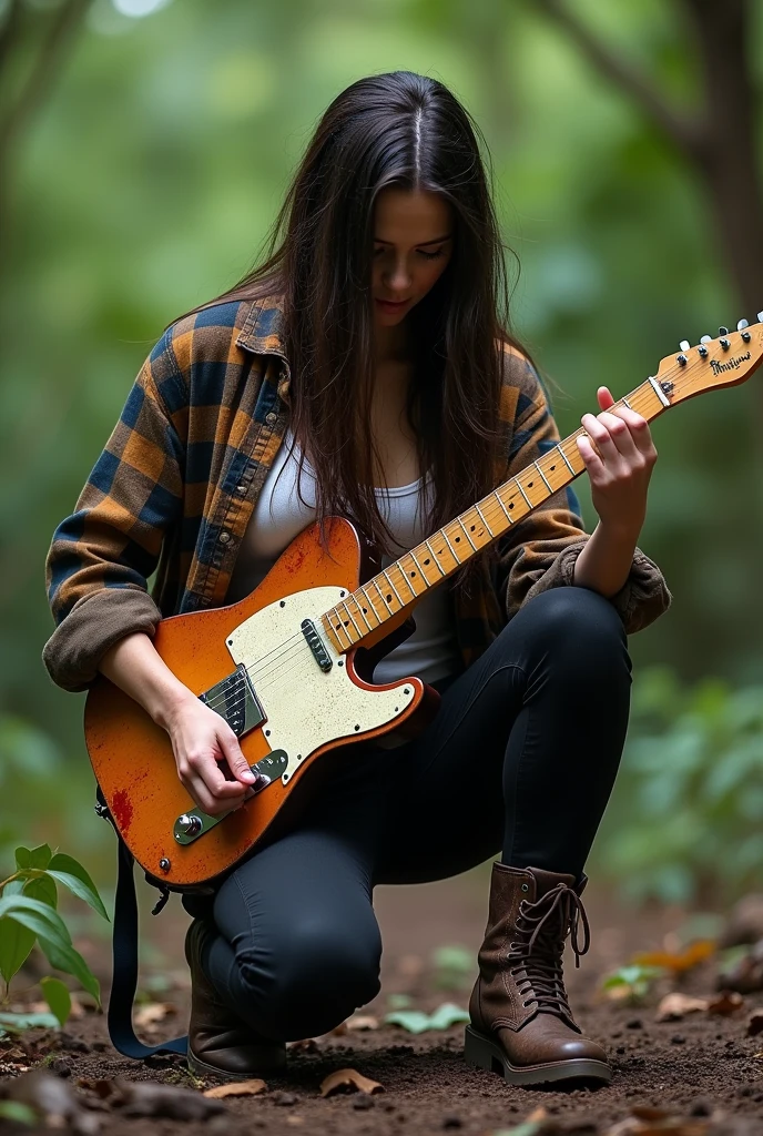 Full body image、A very beautiful and glamorous 3 mature musician、She's got a muddy, worn-out, muddy Fender electric guitar(Natural body telecaster)Lost in the jungle with a、A tattered, ripped, muddy checked flannel shirt and a white tank top、Black tight pants and muddy lace-up boots、dark brunette One-length Perfectly straight very long wet Messy hair,A bruised and exhausted face and body、Very large, pendulous breasts、a perfect glamorous mature woman's proportions、super realistic mature's body and skin,very huge sagging tits,very glamorous sexy figure,A very large cleavage、Torn clothing soaked with blood from abrasions and scrapes all over the body、Plump body、Voluptuous body、full body plump figure,She is strumming her guitar in a crouched position with her legs bent.、