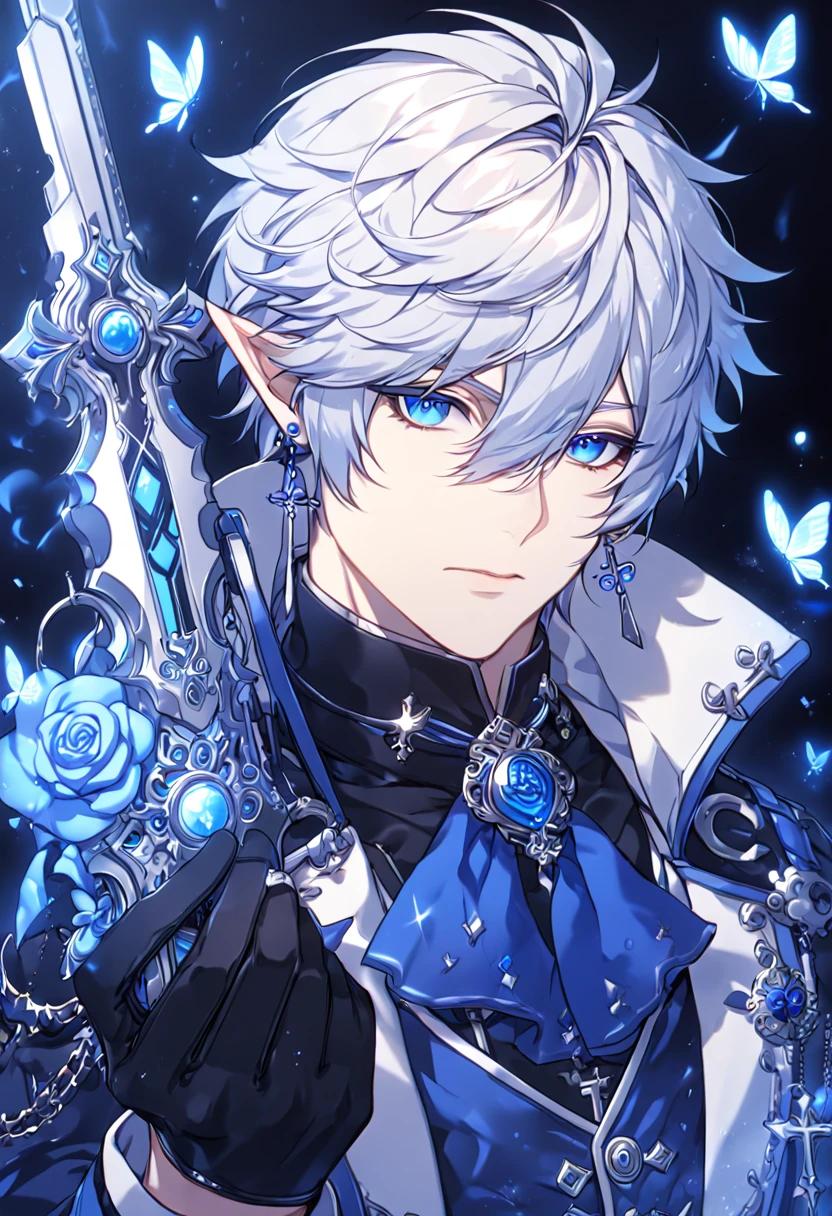 absurdres, highres, ultra detailed, HDR, master piece, best quality, extremely detailed, detailed face, Ciel, white hair, expressive blue eyes, slightly pointed ears, Elsword, cross earrings, solo, sexy man, handsome, manly man, dark blue coat with high collar, blue vest, black shirt, black gloves, blue cravat, magical, fantasy, under a blue tree, holding a white cross gun, blue lightning, blue flames, blue moon, blue fireflies, blue roses, blue butterflies, glass magic