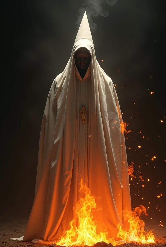 White Andalusian Holy Week penitent with a black background burning with fire