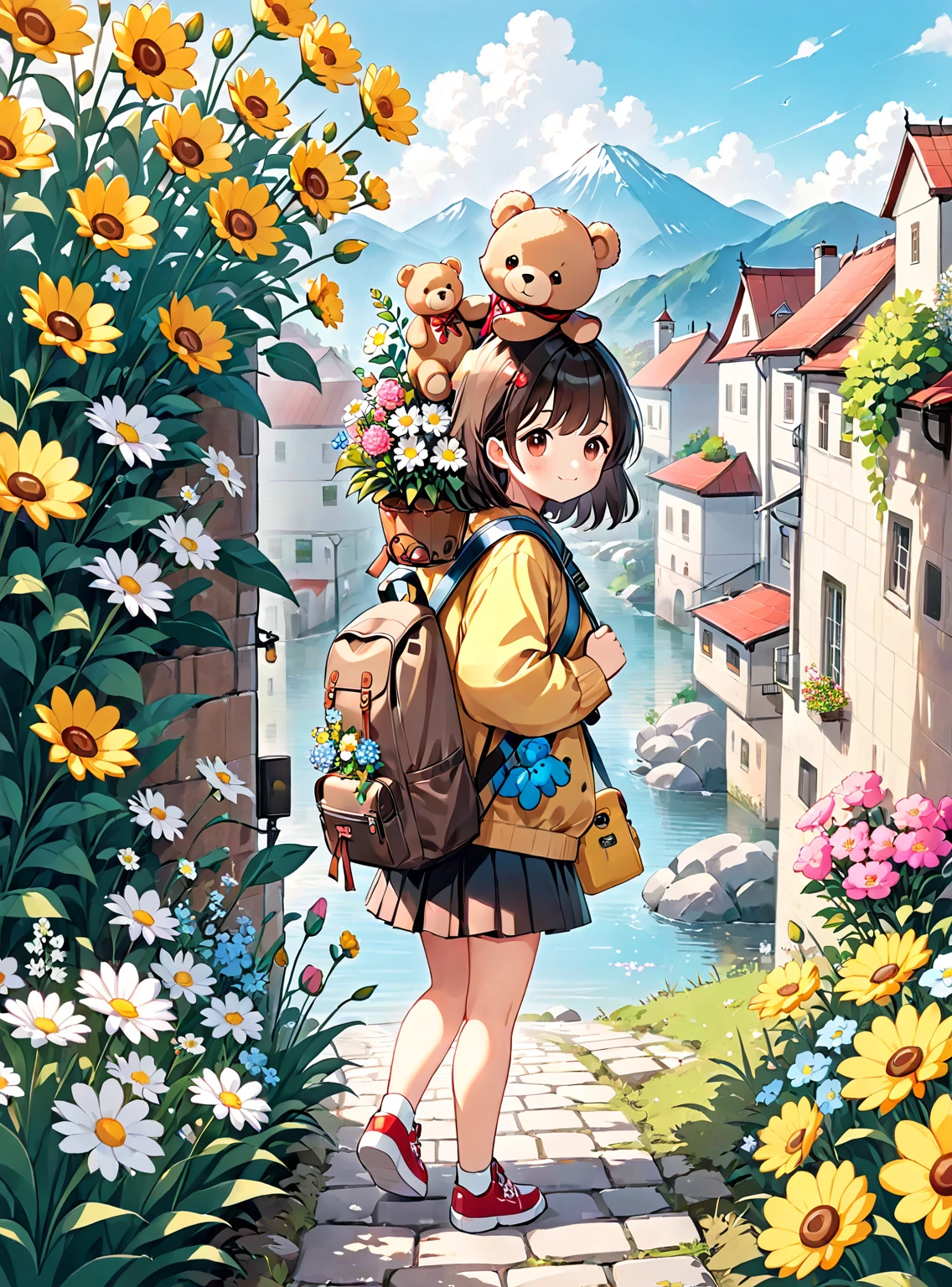 Cartoon with backpack, flowers and teddy bear, Cute art style, Cute digital art, Carrying flowers, Cute cartoon, With flowers, By Niduan, Choi Book, Cute artwork, Holding flowers, by Eizan It&#39;s a gift, Adorable digital painting, Cute and detailed digital art, Jan J, Picking flowers, Cute and adorable