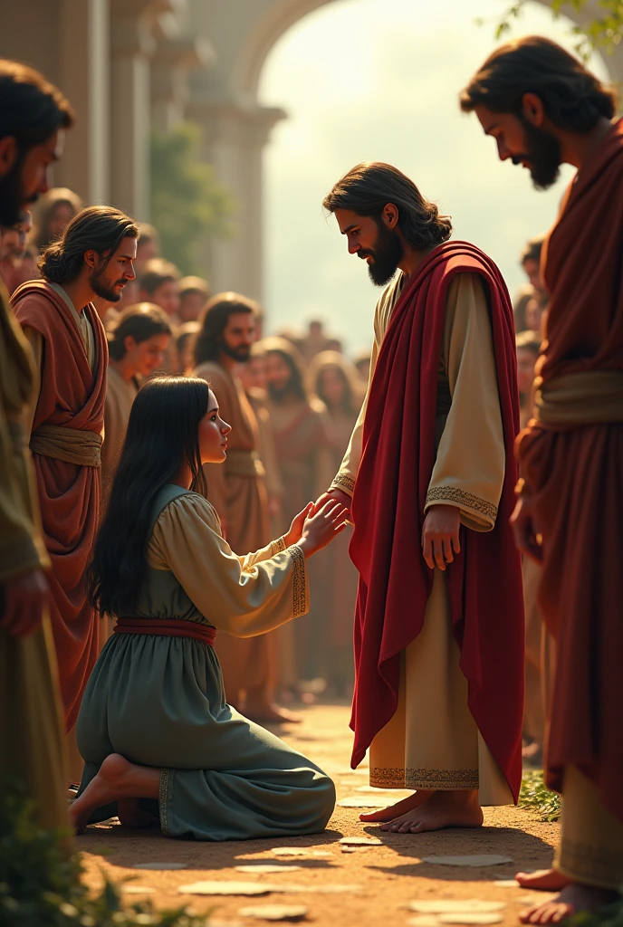 Woman kneeling on the ground touching Jesus' clothes in the middle of the crowd 3d animated